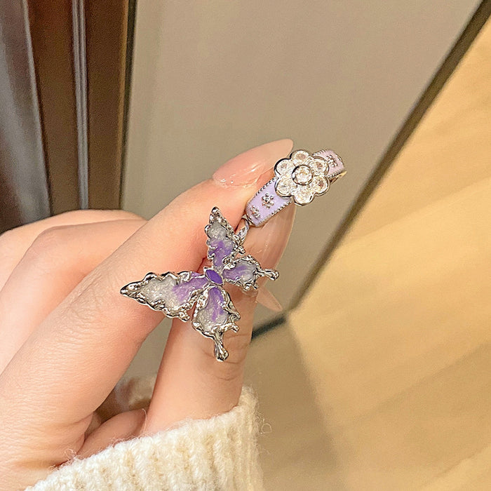 Wholesale Butterfly ring full of diamonds and ice flowers, high-end and niche design, open-ended ring