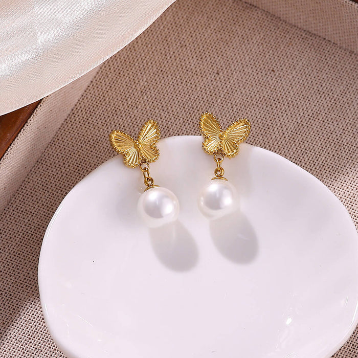 Wholesale Titanium Steel Butterfly Pearl Earrings 18K Gold Plated