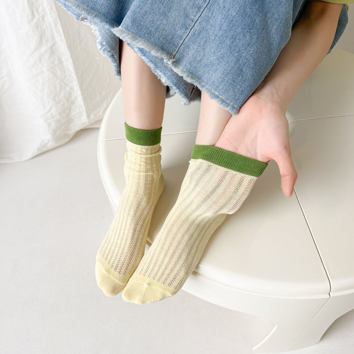 Wholesale Thin breathable cotton socks with hollowed out mesh eyes, tube socks, color blocked pile socks