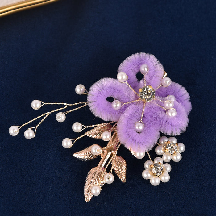 Wholesale Original handmade flower pearl leaf hair clip, multi-color plush duckbill clip