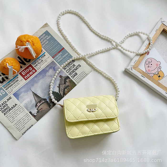 Wholesale Children's bag diamond grid embroidery thread mini pearl chain crossbody bag shoulder bag