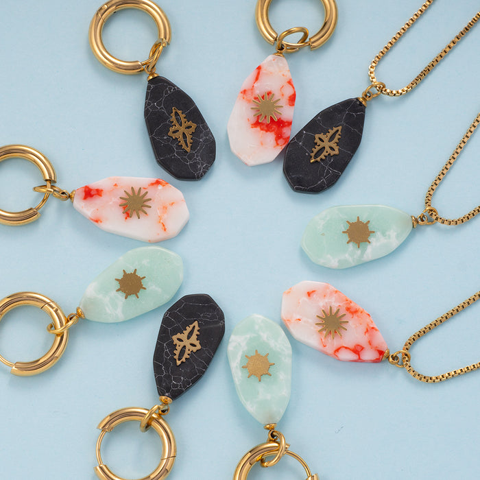 Wholesale Fashionable retro stainless steel necklace with natural stone pendant, light luxury temperament necklace earring set