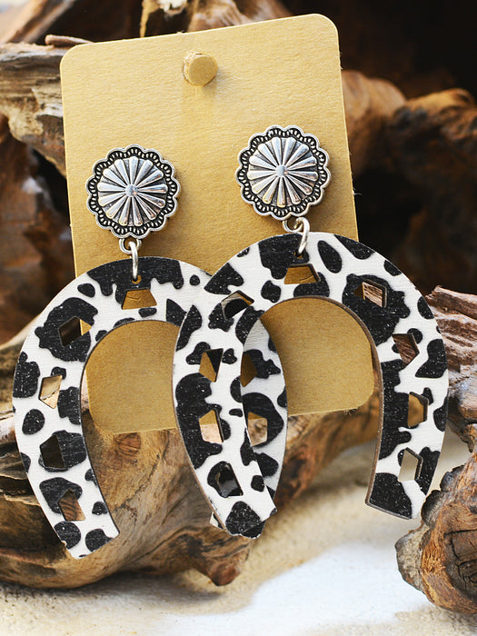 Wholesale Western Style Cow Pattern Turquoise Alloy Horseshoe Leopard Print Cross Earrings JDC-ES-ChenC012