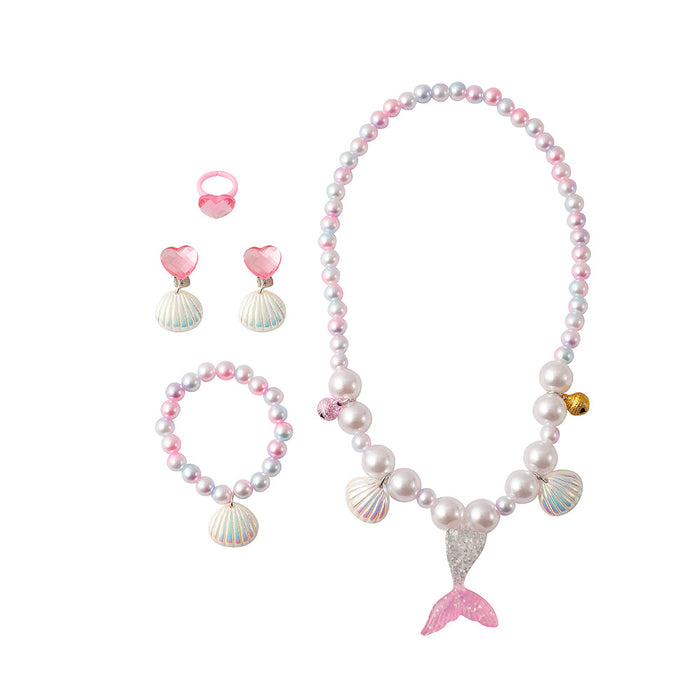 Wholesale Children' s new synthetic pearl jewelry set cute cartoon mermaid tail beaded necklace bracelet earring set