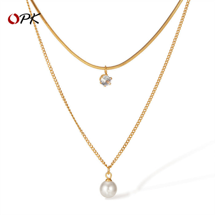 Wholesale Fashion necklace stainless steel temperament commuting pearl zircon double-layer layered collarbone chain
