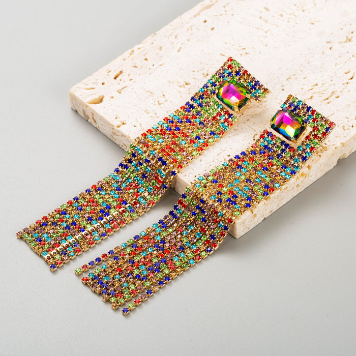 Wholesale earrings light luxury style super fairy colored diamond long claw chain rhinestone tassel earrings