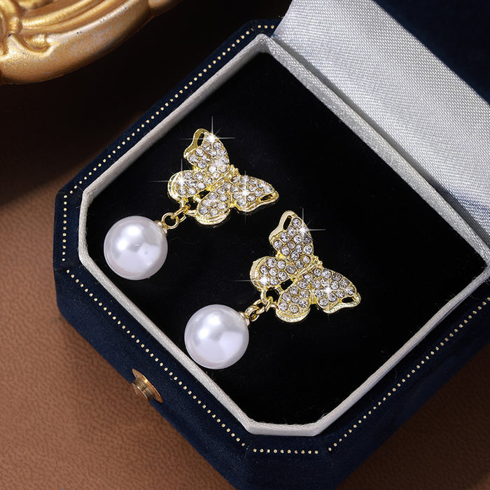 Wholesale Diamond butterfly pearl earrings exquisite and fashionable