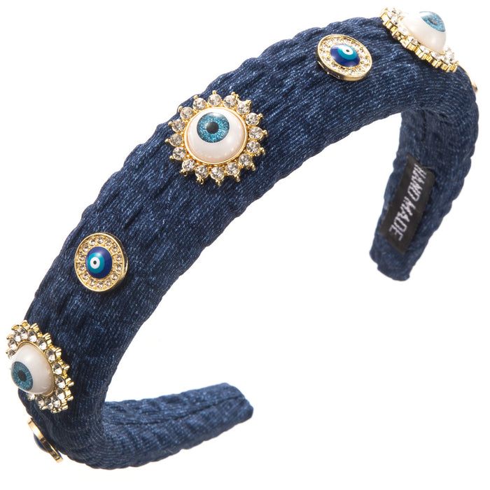 Wholesale Retro denim fabric alloy heart-shaped pearl-encrusted evil eye headband
