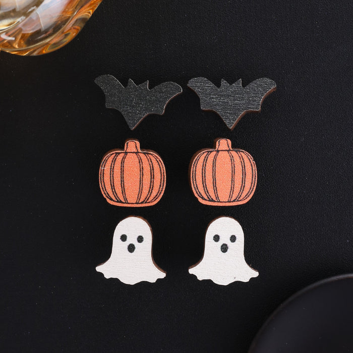 Wholesale Halloween Skull Spider Web Print Pendant Wood Earrings JDC-ES-JunJie009