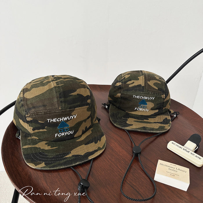 Wholesale Mountaineering fisherman hat, washed drawstring camouflage flat brimmed baseball hat, outdoor children's sunshade hat