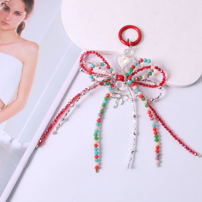 Wholesale crystal alloy bow bag pendant fashion mobile phone chain handmade beaded keychain