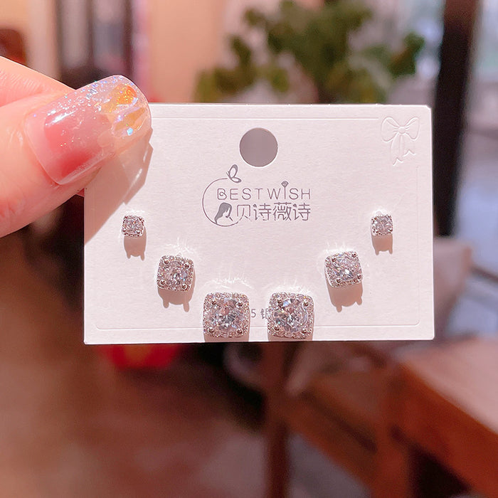 Wholesale six-piece/set New Square zircon small earrings women's silver needle earrings