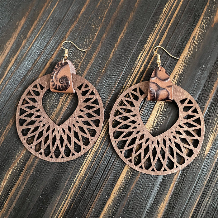 Wholesale Retro wooden earrings hollow Mandala exaggerated texture earrings