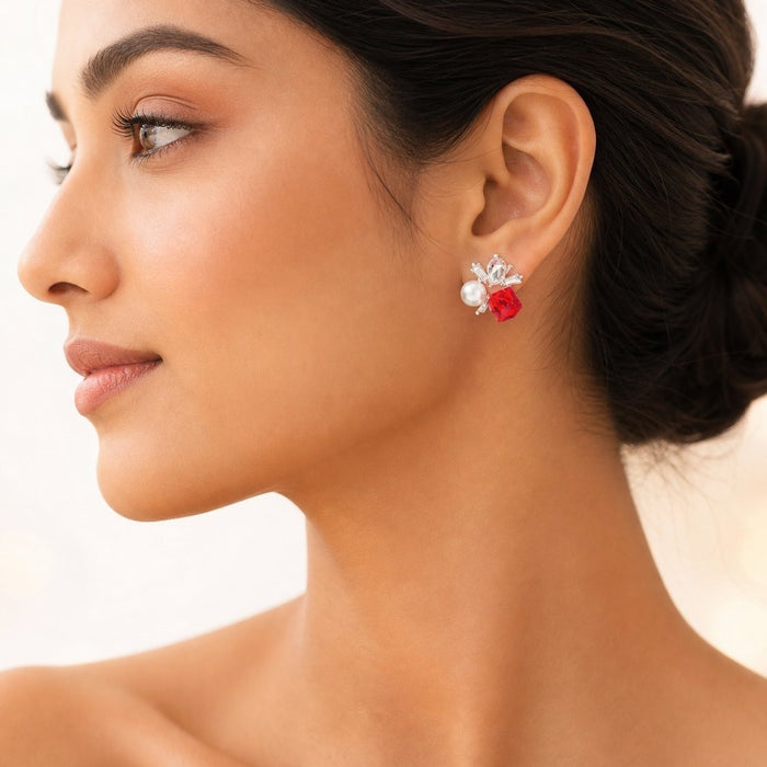Wholesale Red Crystal Pearl Stud Earrings with Irregular Geometric Zircon Inlay
