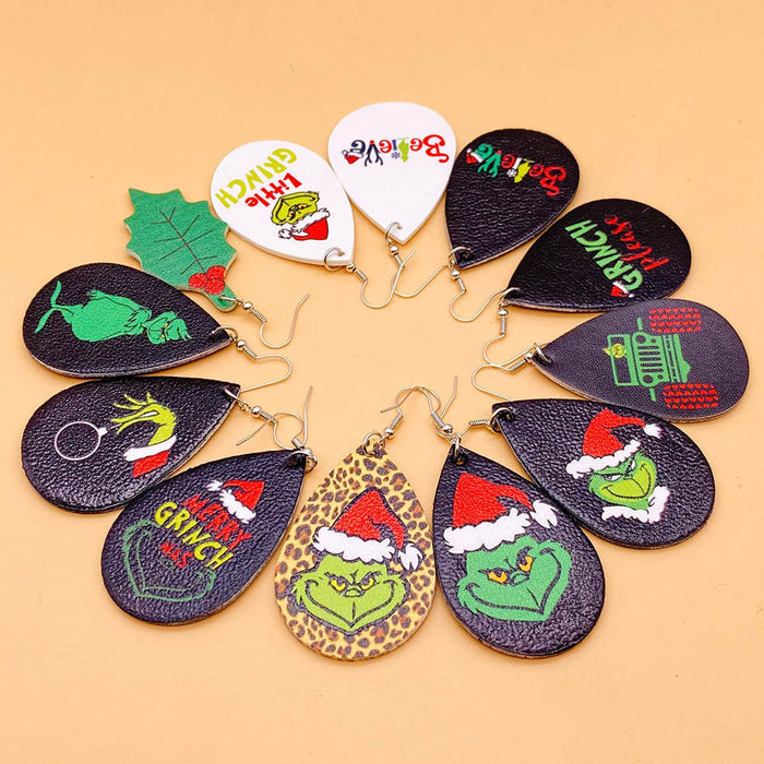 Wholesale  Christmas Green Frog Leather Earrings  Double-Sided Printed Earrings Holiday Accessories