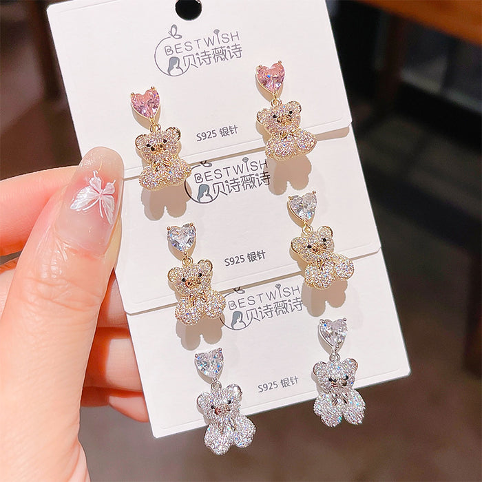 Wholesale Zircon Bear Love Earrings Silver Needle Cartoon Elegant Earrings New Earrings