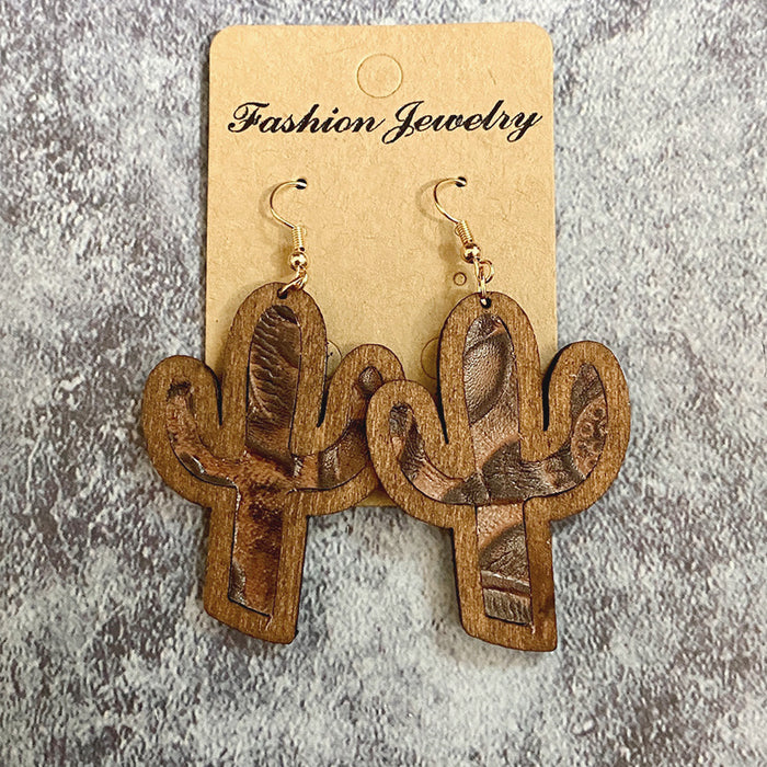 Wholesale Genuine leather earrings cowhide embossed cow brand cactus inlaid Western retro wood earrings