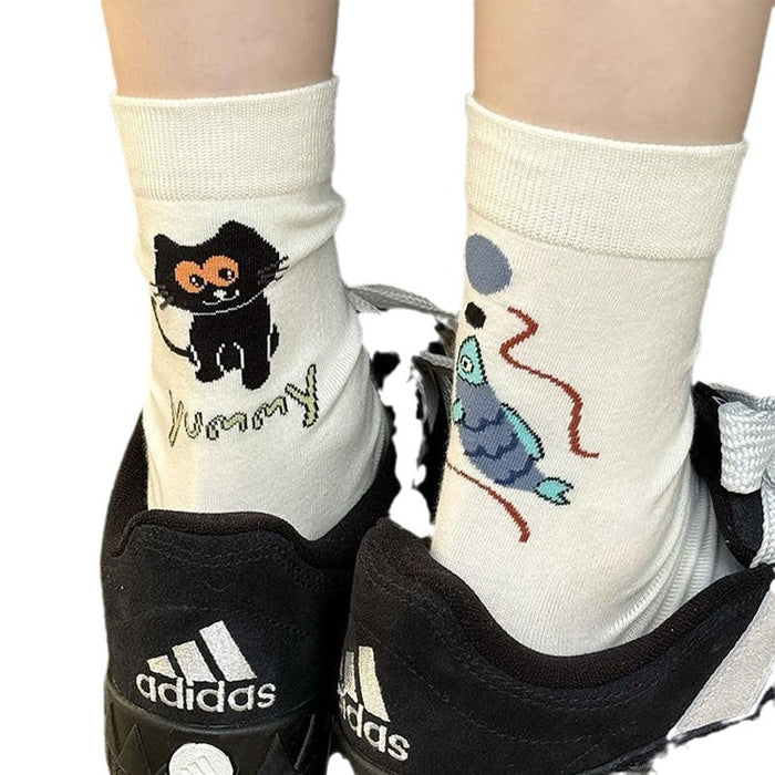 Wholesale Trendy, fun, cartoon, personalized, creative, design sense, asymmetrical left and right, mid tube socks, cartoon