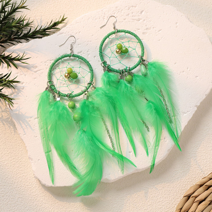 Wholesale Feather Bohemian Dreamcatcher Tassel Earrings Handcrafted Fashion Accessory