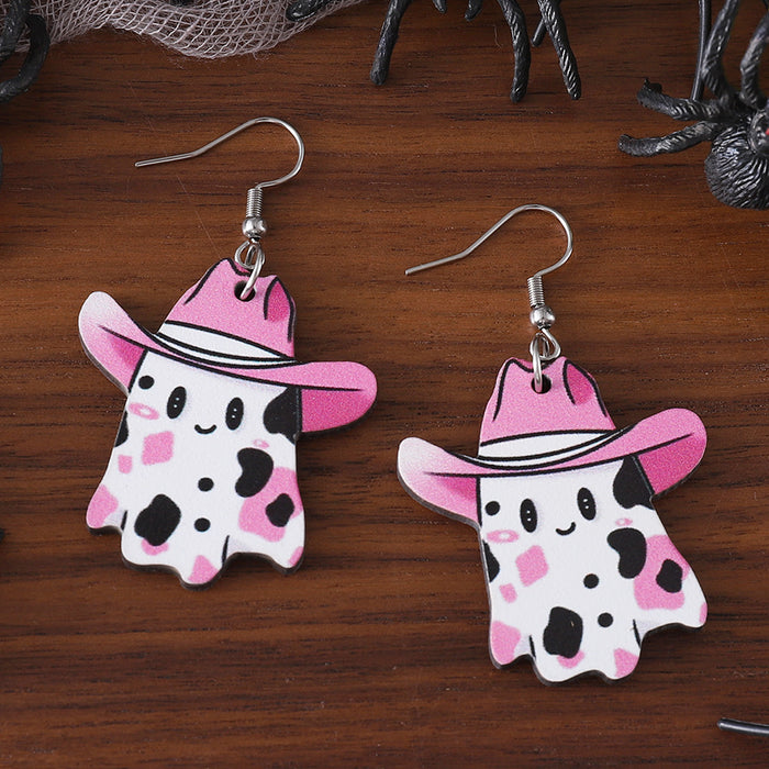 Wholesale  cute western cowboy hat painted ghost pendant earrings wooden double-sided earrings