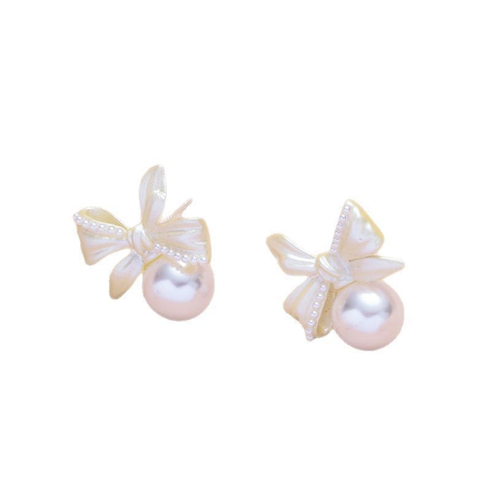 Wholesale White copper silver needle bow lily of the valley pearl earrings women's screw buckle