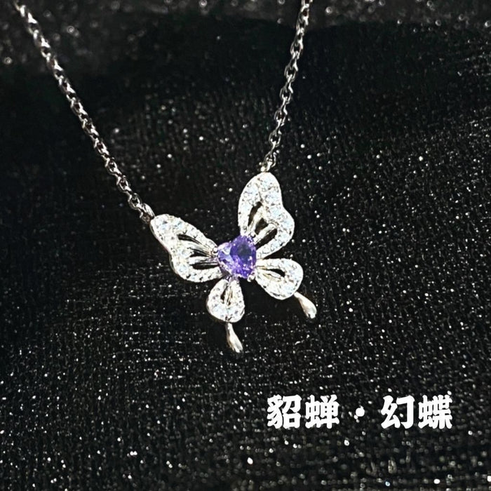 Wholesale Purple Butterfly Love Heart Titanium Steel Necklace Chic Jewelry Accessory