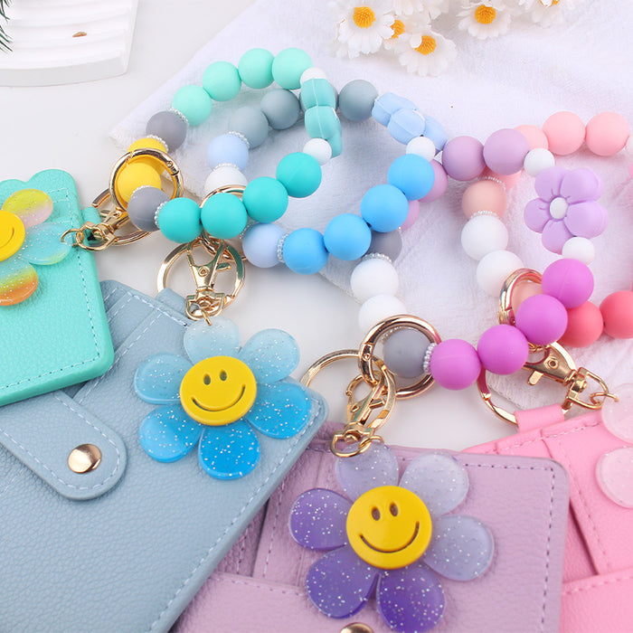 Wholesale Cartoon Sunflower Flower Card Holder Jewelry Beaded DIY Silicone Bracelet Bracelet Wallet Keychain Pendant