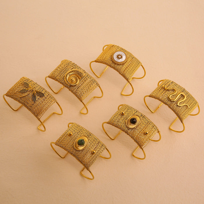 Wholesale Exaggerated opening bracelet with natural stone inlay and hollow woven stainless steel bracelet