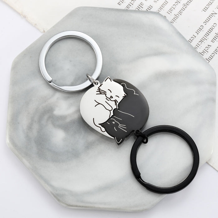 Wholesale cartoon black white cat stainless steel keychain couple jewelry small pendant