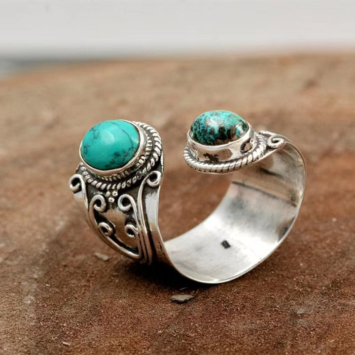 Wholesale New retro turquoise ring with exaggerated personality, flower ring, fashionable and versatile opening ring