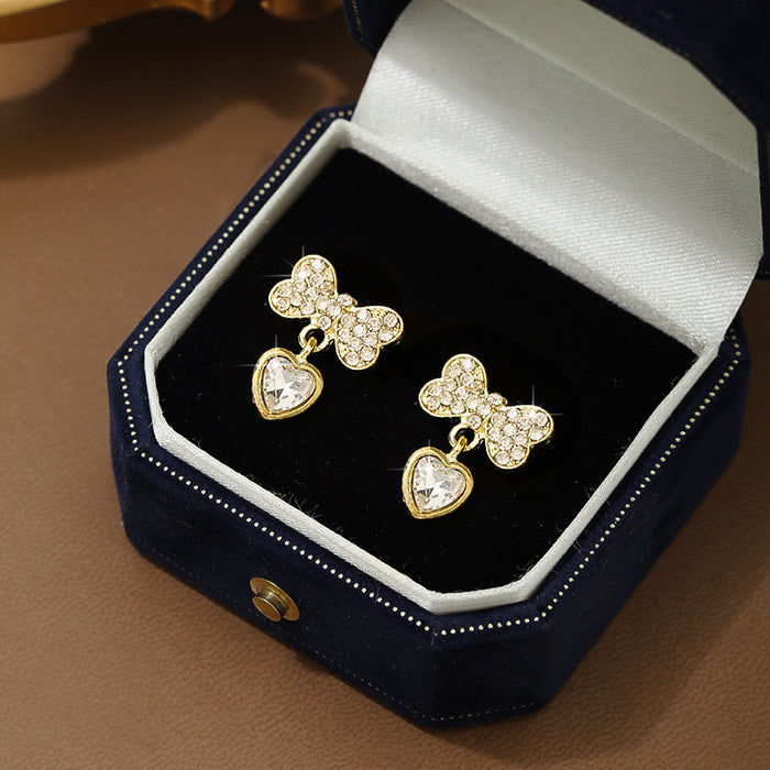 Wholesale Fashionable alloy personalized bow, zircon heart earrings, simple earrings, silver needle earrings