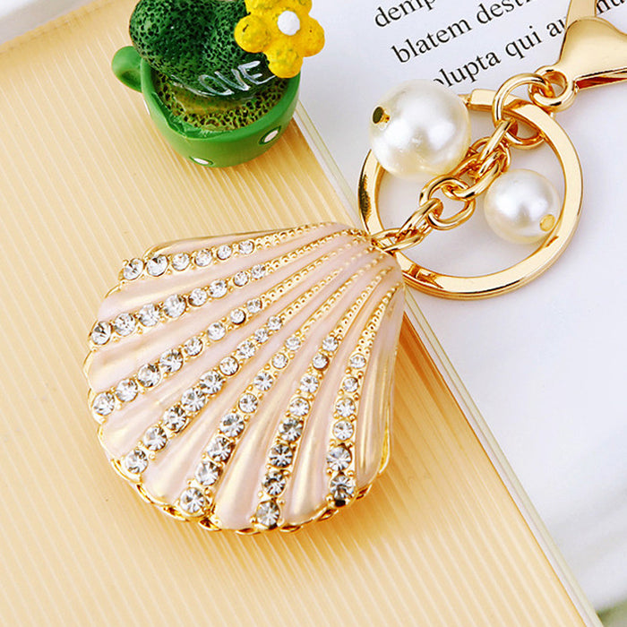 Wholesale Diamond studded pearl shell car keychain pendant, metal keychain ring, alloy accessory