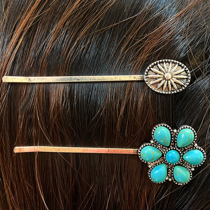 Wholesale 2pcs Retro Turquoise Alloy Flower Ethnic Style Western Head Clip One Word Clip JDC-HC-HeYi001