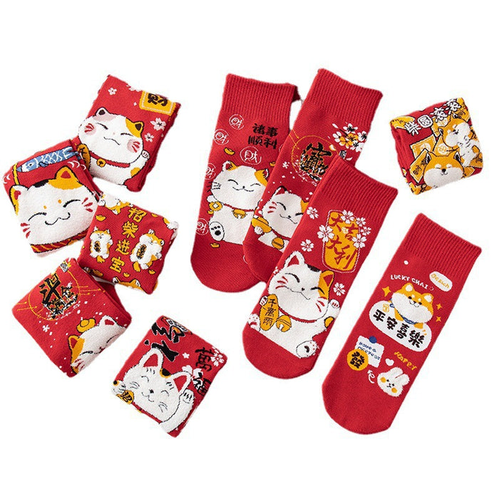 Wholesale Socks for men and women mid-tube socks cotton bottom festive red stockings new year gift lucky cat socks