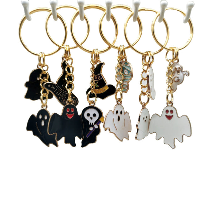Wholesale Halloween Cartoon Cute Black and White Small Ghost Alloy Keychain JDC-KC-TYS014