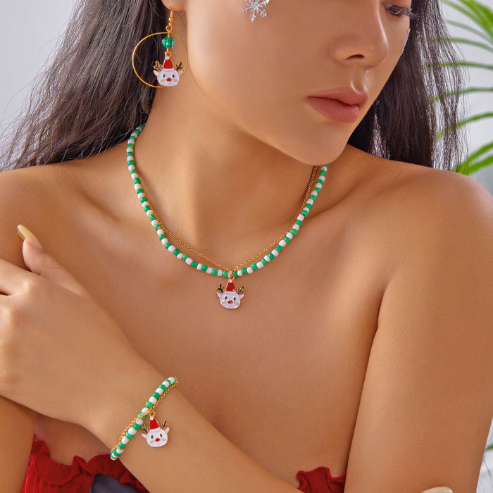 Wholesale Christmas Snowflake Elk Pendant Women' s Retro Color block Rice Bead Christmas Party Necklace Bracelet Set