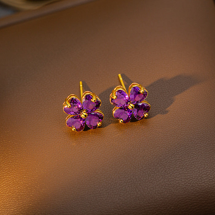 Wholesale Copper-set zircon four-leaf clover colored Titanium steel pendant necklace and earring set