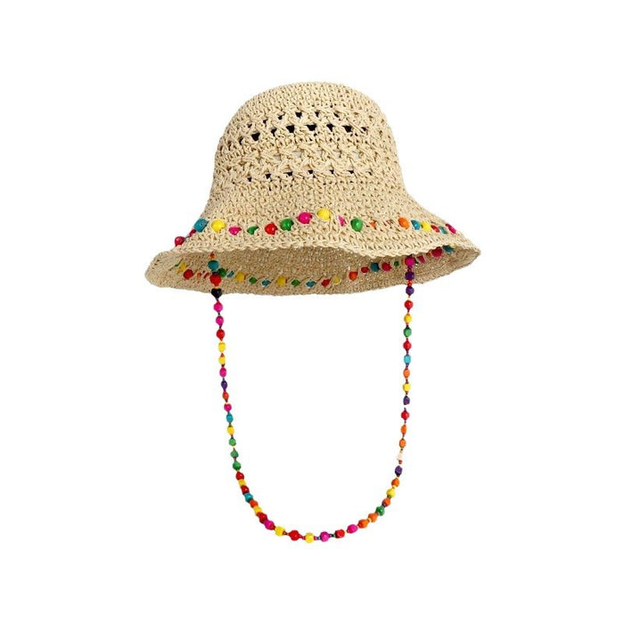 Wholesale Colorful wooden bead grass hat for women in summer with hollowed out large brim for sun protection and foldable fisherman hat