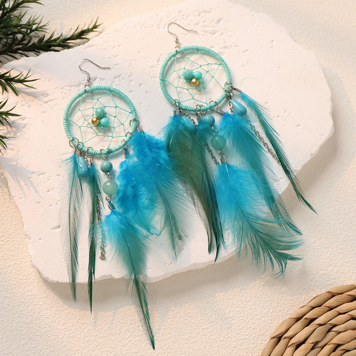 Wholesale Feather Bohemian Dreamcatcher Tassel Earrings Handcrafted Fashion Accessory