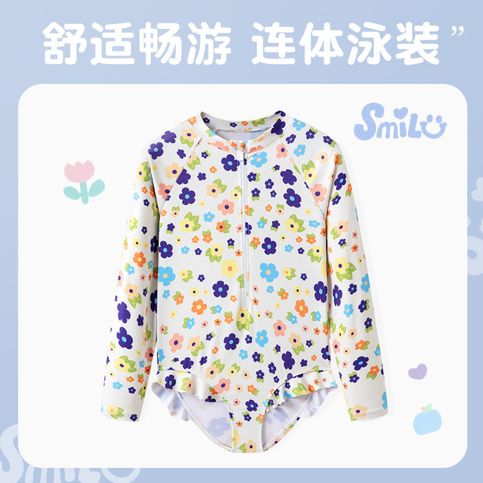 Wholesale New children's swimsuit with female fungus lace floral long sleeves to cover the belly, conservative one-piece swimsuit for girls and babies