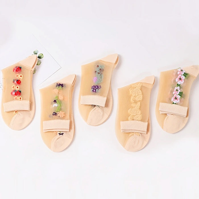 Wholesale mid-calf Crystal meat stockings spring and summer thin embroidered glass Silk women' s socks non-slip socks