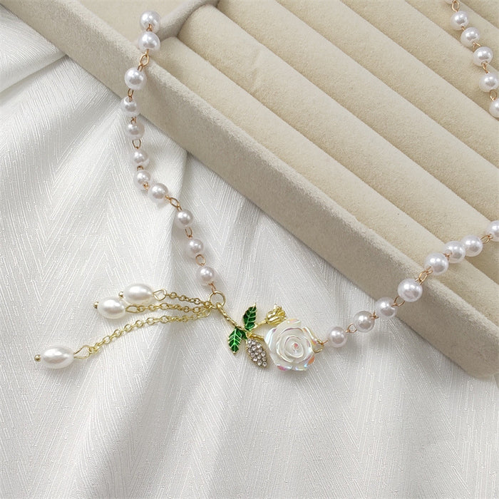 Wholesale Vintage Camellia Tassel Pearl Necklace, Light Luxury, Elegant, Exquisite Clavicle Chain, Neck Chain Jewelry