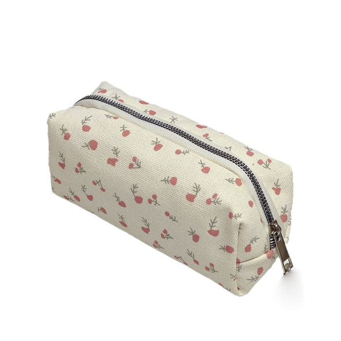 Wholesale Canvas Cream Floral Pencil Case Large Capacity Makeup Bag