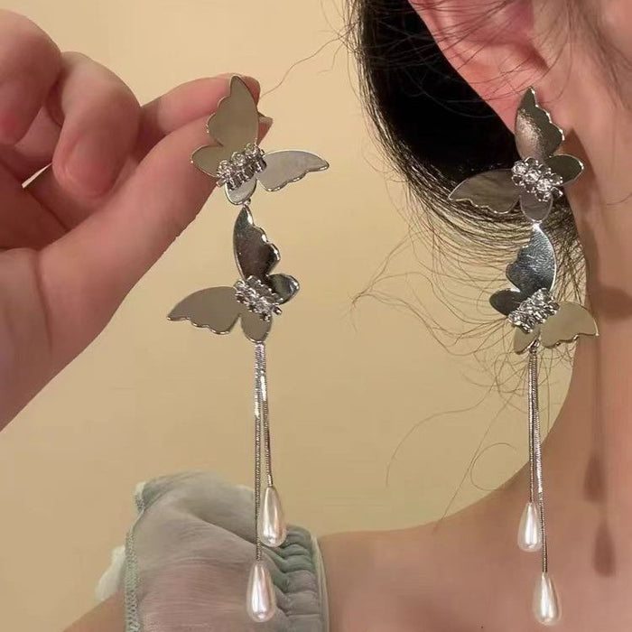 Wholesale Butterfly tassel earrings with sweet flowers, long earrings with exquisite temperament, and delicate earrings