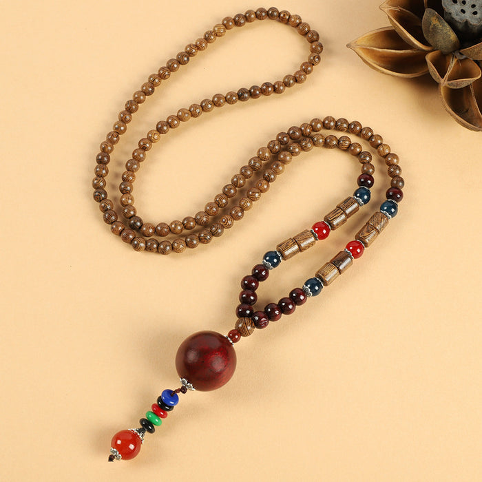 Wholesale Long Cotton and Linen Accessories Wooden Pendant Buddhist Beads Necklace JDC-NE-Luox003