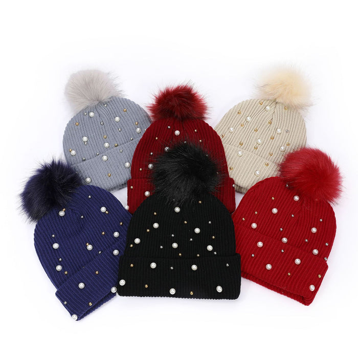 Wholesale Studded Pearl Knit Hat Pom-Pom Hat Outdoor Casual Warm Hat Breathable and Warm