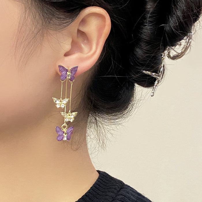 Wholesale Silver needle butterfly earrings, high-end zircon tassel earrings, niche earrings