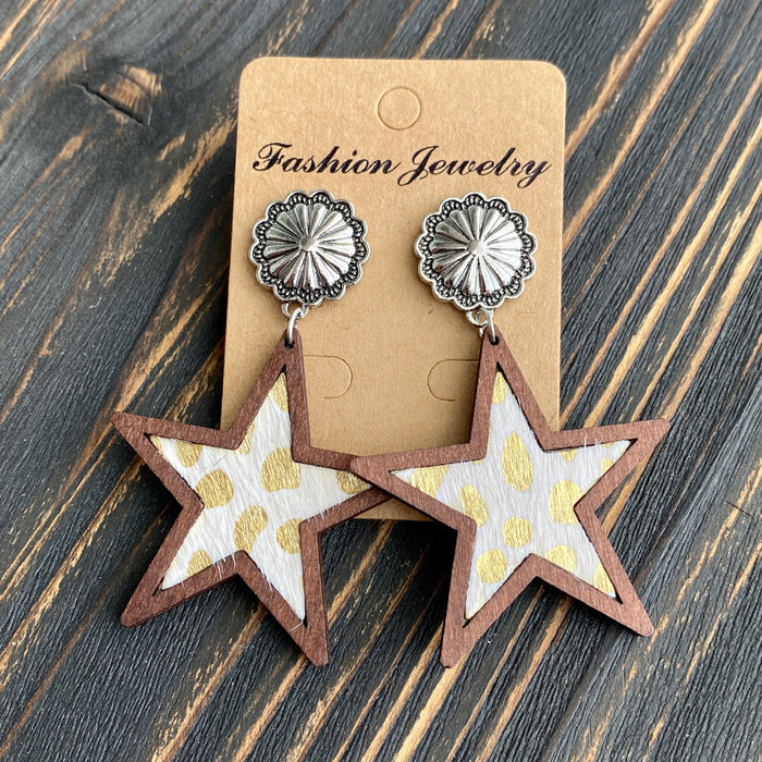 Wholesale Western Denim five-pointed star Natural genuine leather earrings leopard print milk pattern inlaid earrings