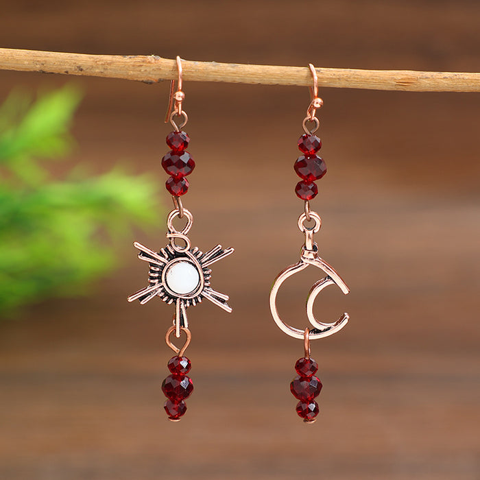 Wholesale New Copper-Tone Star,  Moon,  and Burgundy Beaded Dangle Earrings