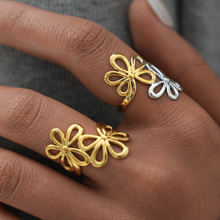 Wholesale Jewelry Stainless Steel 18K Gold Flower Open Ring Hand Jewelry